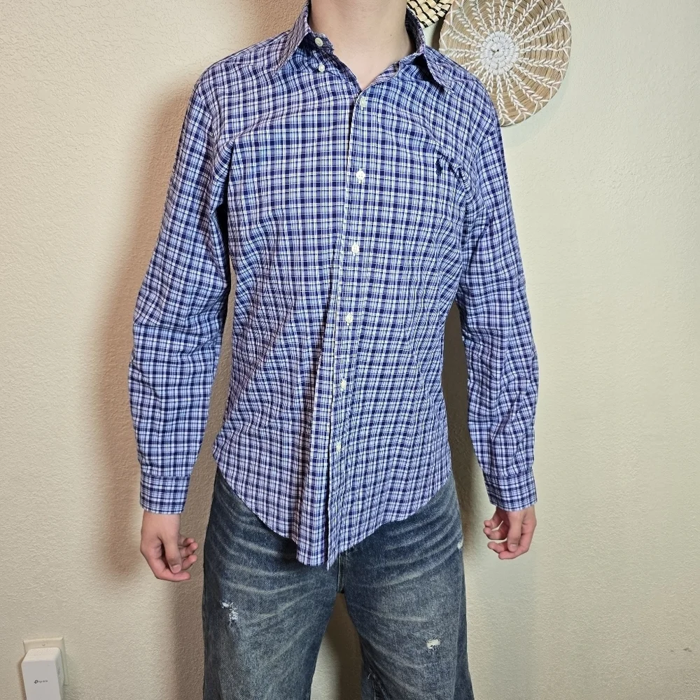 POLO RALPH LAUREN BLUE WHITE NAVY PLAID 💯 cotton Size Medium